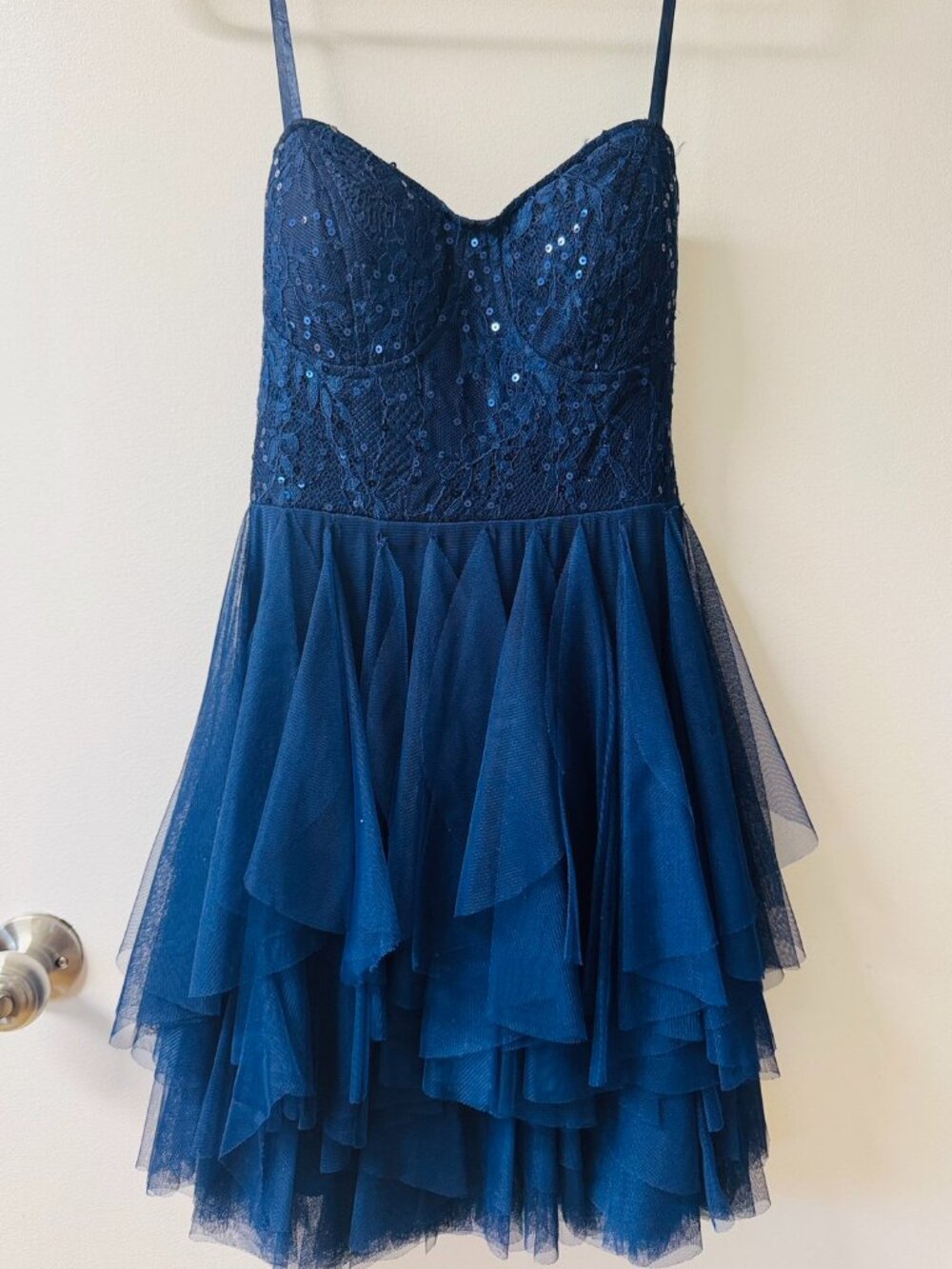 City Studio Navy Blue Sequin Corset Strapless Mini Prom Dress Juniors 7/8